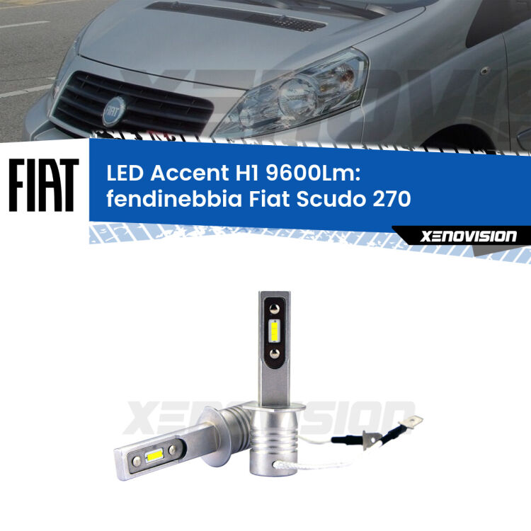 Fendinebbia LED H1 9600Lm per Fiat Scudo 270 2007 - 2016 <strong>Kit LED Fendinebbia per Fiat Scudo</strong> 270 2007 - 2016.</strong> Coppia lampade <strong>H1</strong> senza ventola e ultracompatte per installazioni in fari senza spazi.