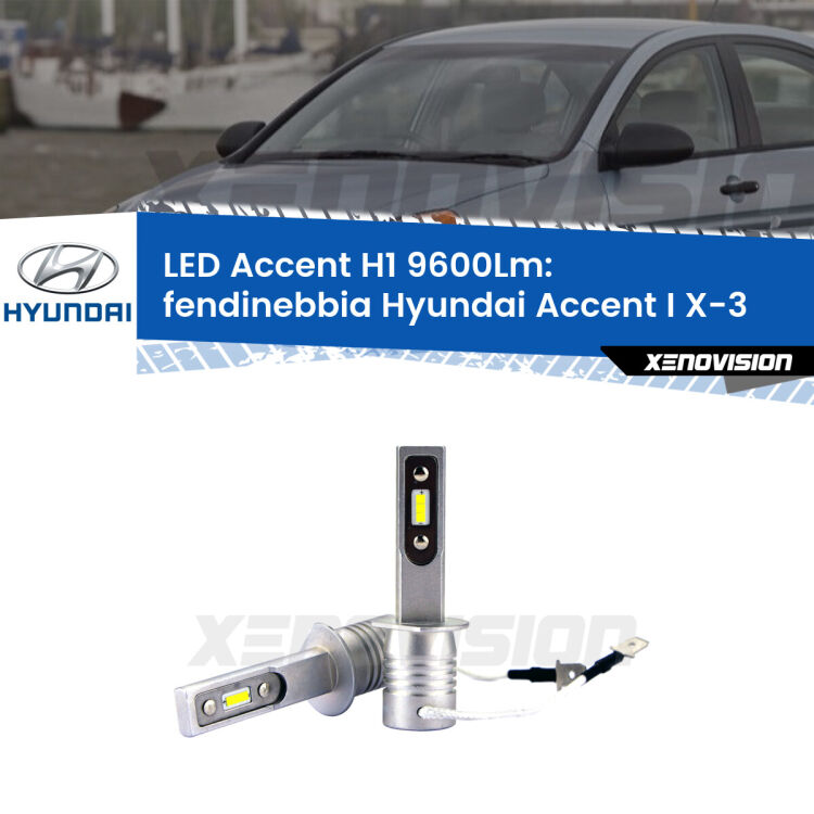 Fendinebbia LED H1 9600Lm per Hyundai Accent I X-3 1994 - 2000 <strong>Kit LED Fendinebbia per Hyundai Accent I</strong> X-3 1994 - 2000.</strong> Coppia lampade <strong>H1</strong> senza ventola e ultracompatte per installazioni in fari senza spazi.