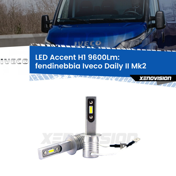 0 Fendinebbia LED H1 9600Lm per Iveco Daily II Mk2 2006 - 2011 <strong>Kit LED Fendinebbia per Iveco Daily II</strong> Mk2 2006 - 2011.</strong> Coppia lampade <strong>H1</strong> senza ventola e ultracompatte per installazioni in fari senza spazi.
