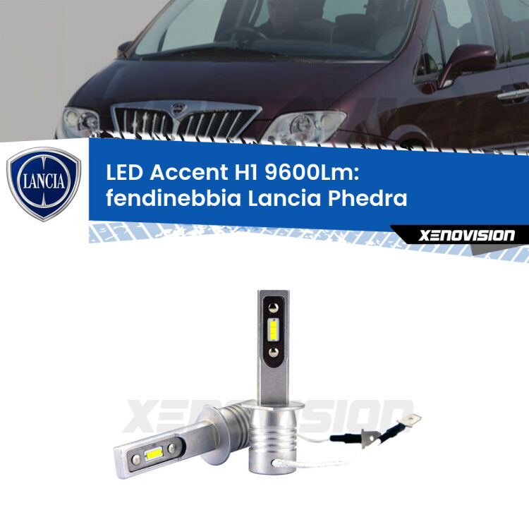 Fendinebbia LED H1 9600Lm per Lancia Phedra  2002 - 2010 <strong>Kit LED Fendinebbia per Lancia Phedra</strong>  2002 - 2010.</strong> Coppia lampade <strong>H1</strong> senza ventola e ultracompatte per installazioni in fari senza spazi.