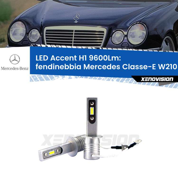 Fendinebbia LED H1 9600Lm per Mercedes Classe-E W210 1995 - 2002 <strong>Kit LED Fendinebbia per Mercedes Classe-E</strong> W210 1995 - 2002.</strong> Coppia lampade <strong>H1</strong> senza ventola e ultracompatte per installazioni in fari senza spazi.