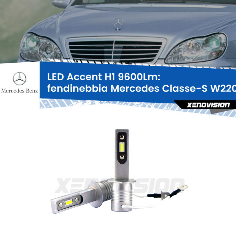 <strong>Kit LED Fendinebbia per Mercedes Classe-S</strong> W220 1998 - 2005.</strong> Coppia lampade <strong>H1</strong> senza ventola e ultracompatte per installazioni in fari senza spazi.