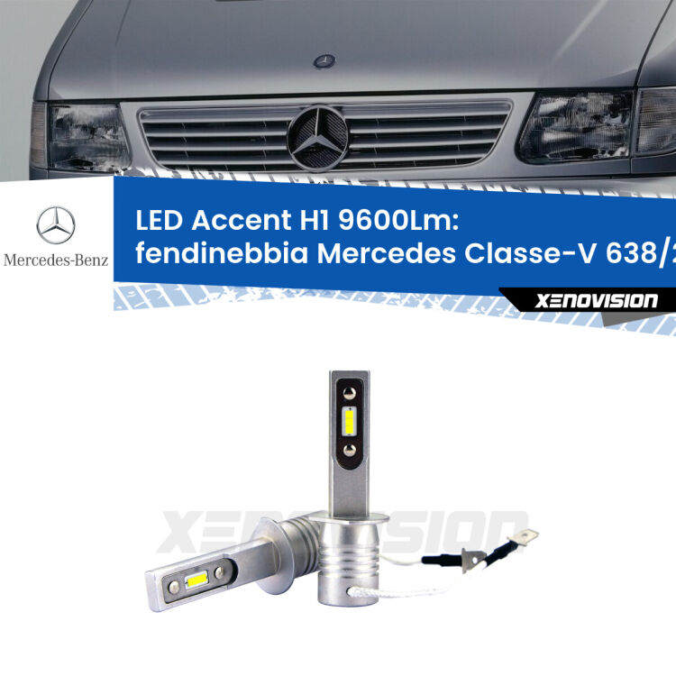 Fendinebbia LED H1 9600Lm per Mercedes Classe-V 638/2 1996 - 2003 <strong>Kit LED Fendinebbia per Mercedes Classe-V</strong> 638/2 1996 - 2003.</strong> Coppia lampade <strong>H1</strong> senza ventola e ultracompatte per installazioni in fari senza spazi.
