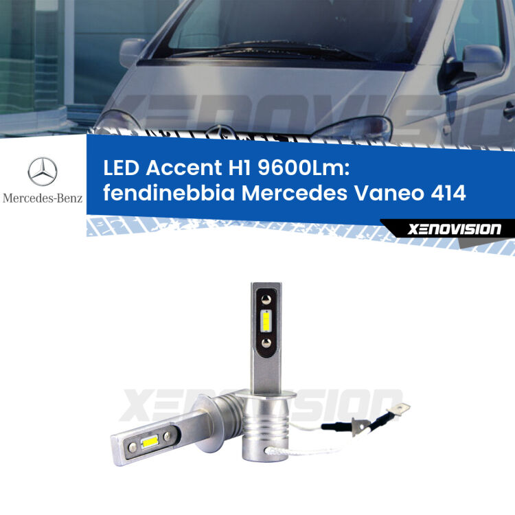 <strong>Kit LED Fendinebbia per Mercedes Vaneo</strong> 414 2002 - 2005.</strong> Coppia lampade <strong>H1</strong> senza ventola e ultracompatte per installazioni in fari senza spazi.