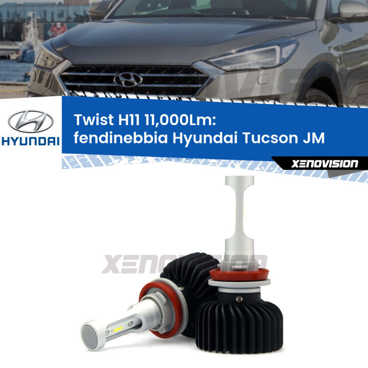 <strong>Kit fendinebbia LED</strong> H11 per <strong>Hyundai Tucson</strong> JM 2013 - 2015. Compatte, impermeabili, senza ventola: praticamente indistruttibili. Top Quality.