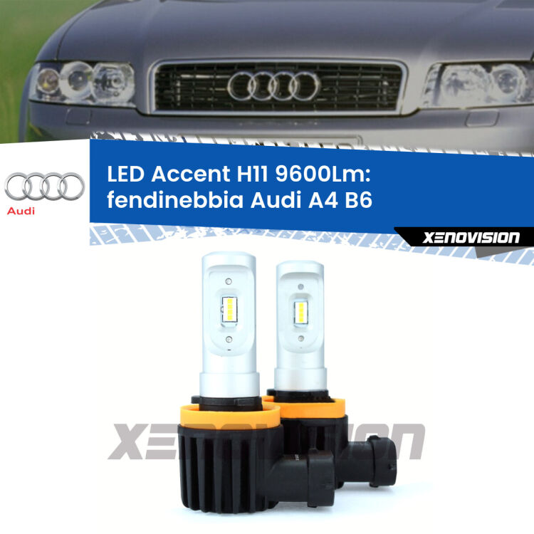 <strong>Kit LED Fendinebbia per Audi A4</strong> B6 2000 - 2004.</strong> Coppia lampade <strong>H11</strong> senza ventola e ultracompatte per installazioni in fari senza spazi.