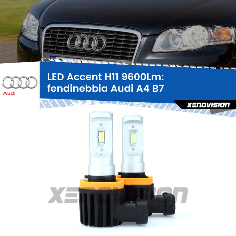 <strong>Kit LED Fendinebbia per Audi A4</strong> B7 2004 - 2008.</strong> Coppia lampade <strong>H11</strong> senza ventola e ultracompatte per installazioni in fari senza spazi.