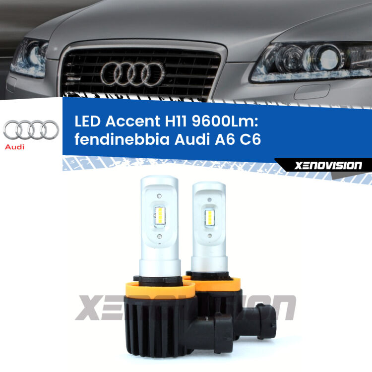 <strong>Kit LED Fendinebbia per Audi A6</strong> C6 2009 - 2011.</strong> Coppia lampade <strong>H11</strong> senza ventola e ultracompatte per installazioni in fari senza spazi.