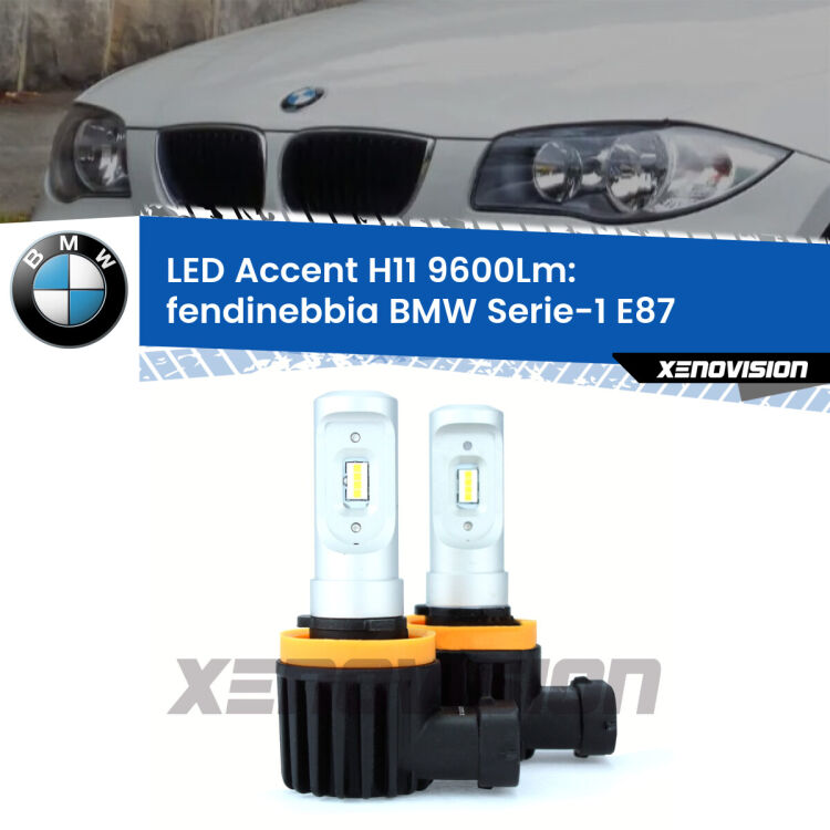 <strong>Kit LED Fendinebbia per BMW Serie-1</strong> E87 2003 - 2012.</strong> Coppia lampade <strong>H11</strong> senza ventola e ultracompatte per installazioni in fari senza spazi.