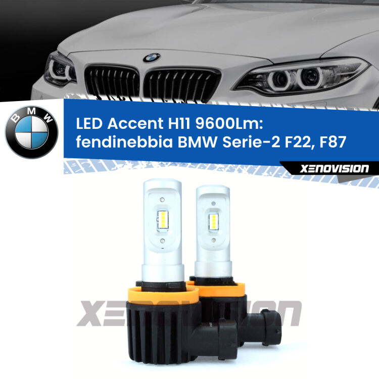 <strong>Kit LED Fendinebbia per BMW Serie-2</strong> F22, F87 2012 - 2015.</strong> Coppia lampade <strong>H11</strong> senza ventola e ultracompatte per installazioni in fari senza spazi.