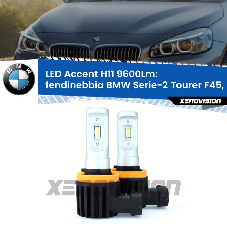 <strong>Kit LED Fendinebbia per BMW Serie-2 Tourer</strong> F45, F46 2014 - 2018.</strong> Coppia lampade <strong>H11</strong> senza ventola e ultracompatte per installazioni in fari senza spazi.