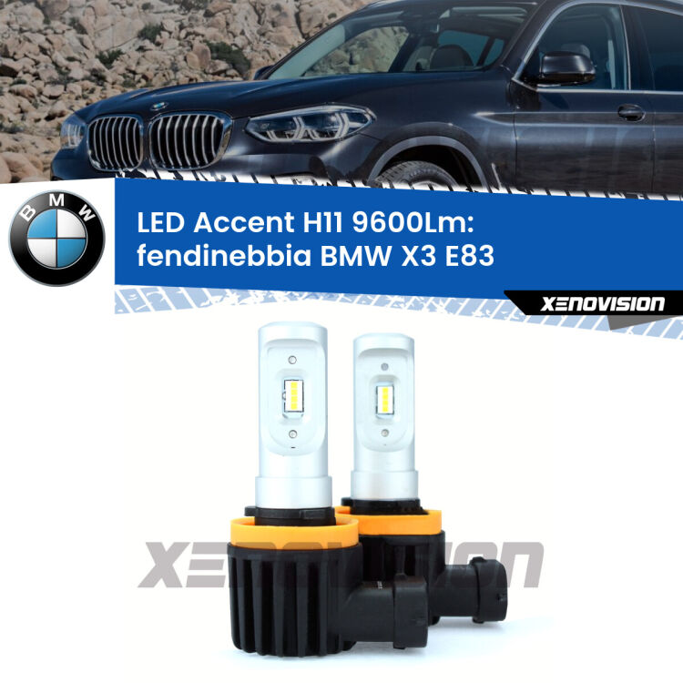 <strong>Kit LED Fendinebbia per BMW X3</strong> E83 2003 - 2010.</strong> Coppia lampade <strong>H11</strong> senza ventola e ultracompatte per installazioni in fari senza spazi.