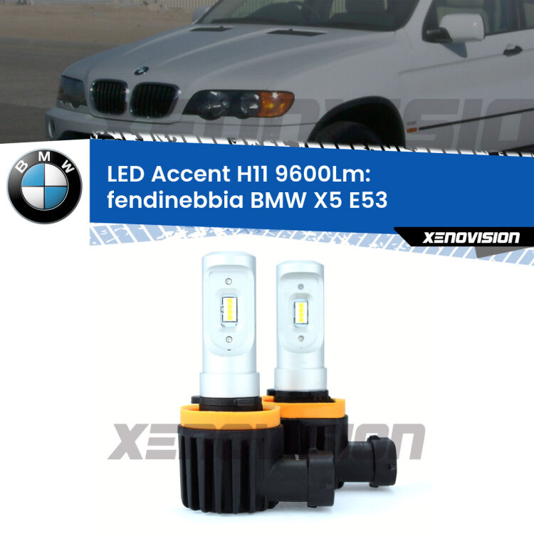 <strong>Kit LED Fendinebbia per BMW X5</strong> E53 2002 - 2005.</strong> Coppia lampade <strong>H11</strong> senza ventola e ultracompatte per installazioni in fari senza spazi.