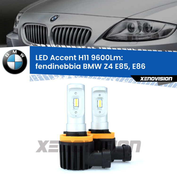<strong>Kit LED Fendinebbia per BMW Z4</strong> E85, E86 2003 - 2008.</strong> Coppia lampade <strong>H11</strong> senza ventola e ultracompatte per installazioni in fari senza spazi.
