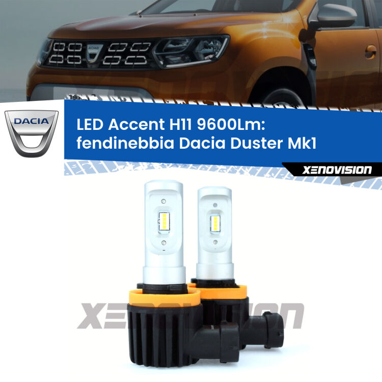 <strong>Kit LED Fendinebbia per Dacia Duster</strong> Mk1 2010 - 2013.</strong> Coppia lampade <strong>H11</strong> senza ventola e ultracompatte per installazioni in fari senza spazi.