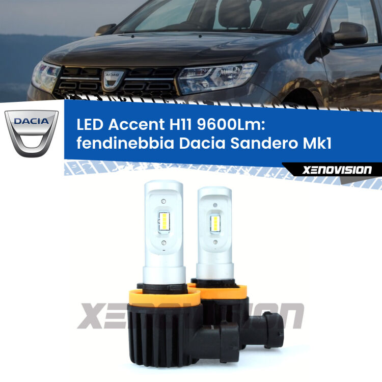 <strong>Kit LED Fendinebbia per Dacia Sandero</strong> Mk1 2008 - 2012.</strong> Coppia lampade <strong>H11</strong> senza ventola e ultracompatte per installazioni in fari senza spazi.