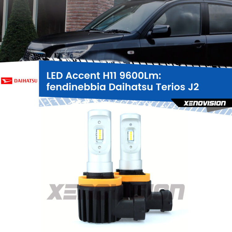 <strong>Kit LED Fendinebbia per Daihatsu Terios</strong> J2 2005 - 2009.</strong> Coppia lampade <strong>H11</strong> senza ventola e ultracompatte per installazioni in fari senza spazi.