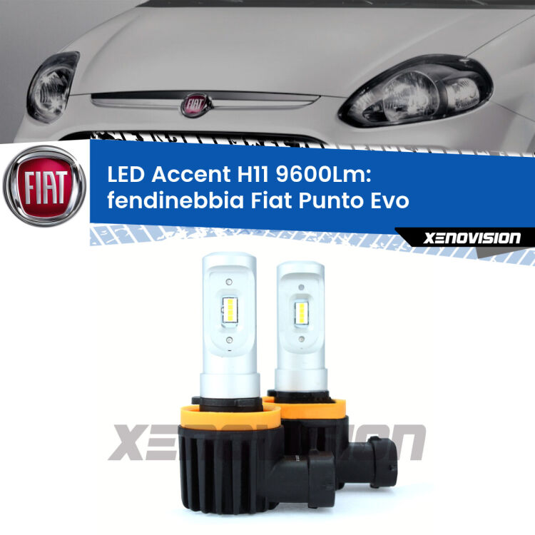 <strong>Kit LED Fendinebbia per Fiat Punto Evo</strong>  2009 - 2015.</strong> Coppia lampade <strong>H11</strong> senza ventola e ultracompatte per installazioni in fari senza spazi.