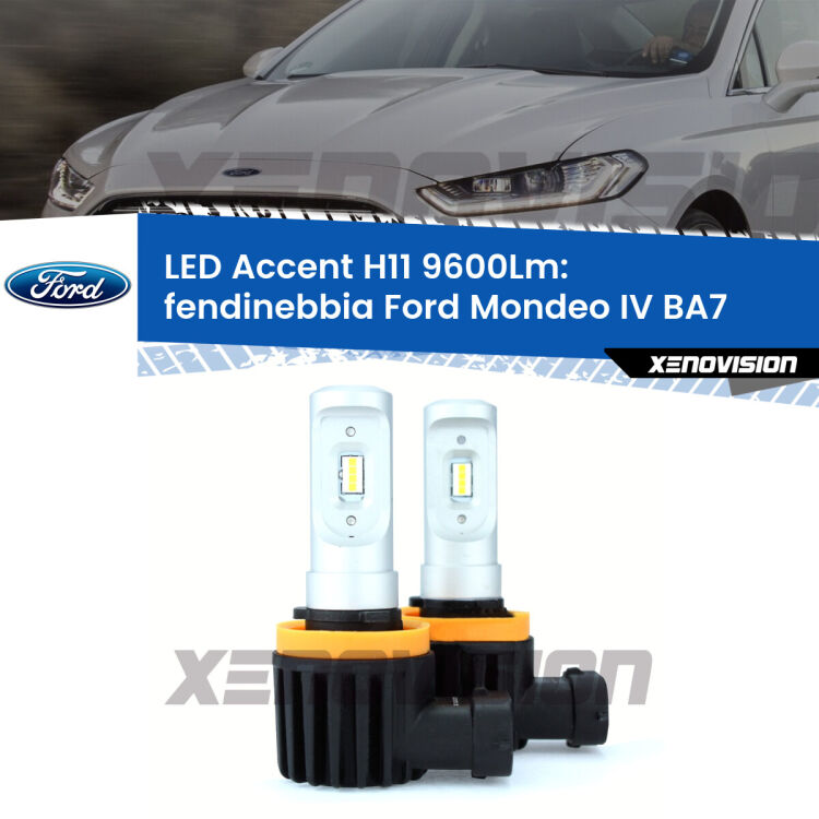 <strong>Kit LED Fendinebbia per Ford Mondeo IV</strong> BA7 2007 - 2015.</strong> Coppia lampade <strong>H11</strong> senza ventola e ultracompatte per installazioni in fari senza spazi.