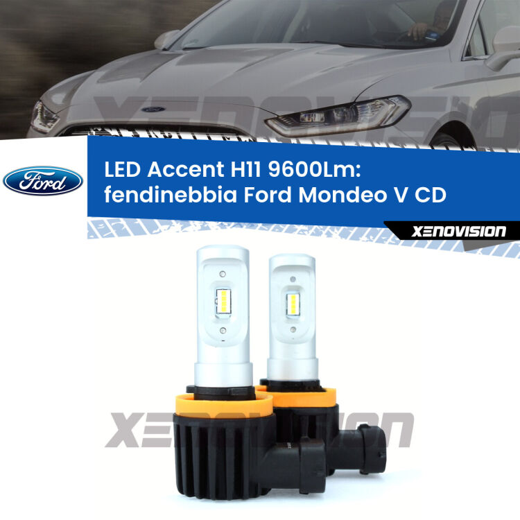 <strong>Kit LED Fendinebbia per Ford Mondeo V</strong> CD 2012 - 2016.</strong> Coppia lampade <strong>H11</strong> senza ventola e ultracompatte per installazioni in fari senza spazi.