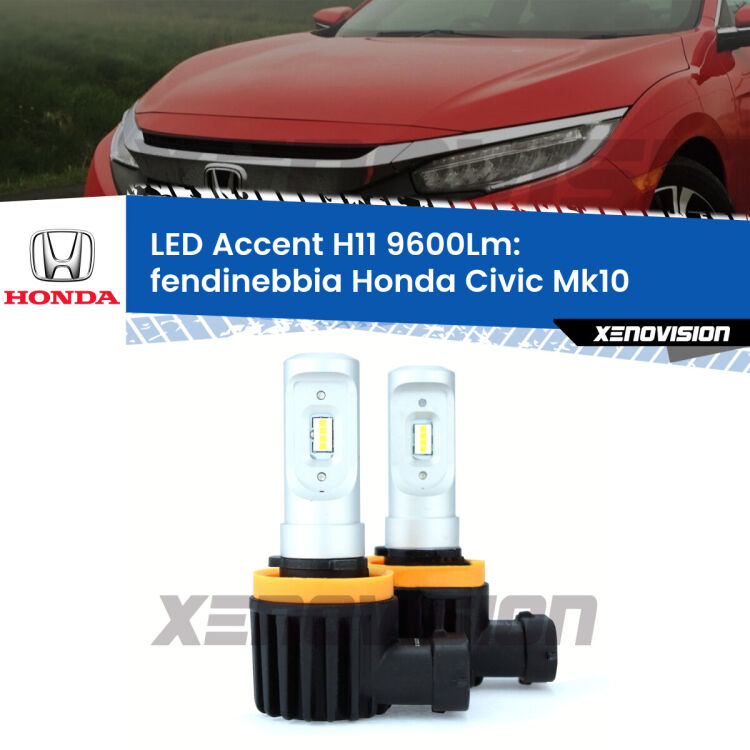 <strong>Kit LED Fendinebbia per Honda Civic</strong> Mk10 2016 - 2020.</strong> Coppia lampade <strong>H11</strong> senza ventola e ultracompatte per installazioni in fari senza spazi.