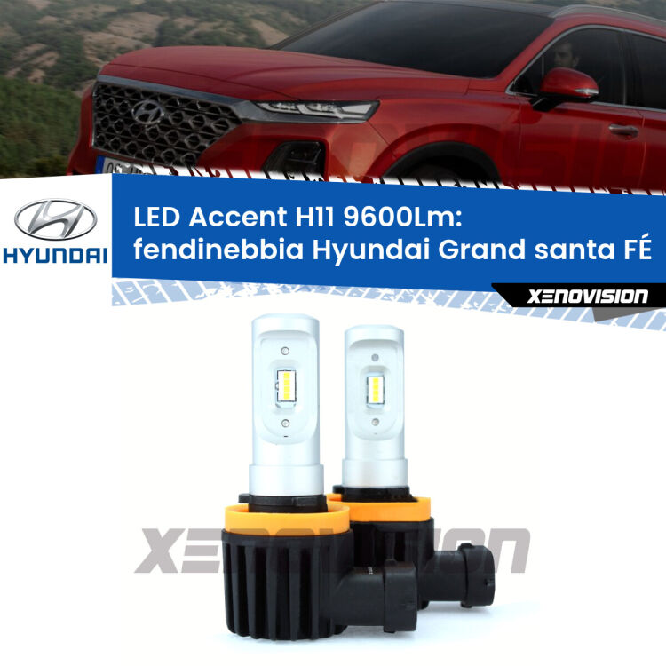 <strong>Kit LED Fendinebbia per Hyundai Grand santa FÉ</strong>  2013 in poi.</strong> Coppia lampade <strong>H11</strong> senza ventola e ultracompatte per installazioni in fari senza spazi.