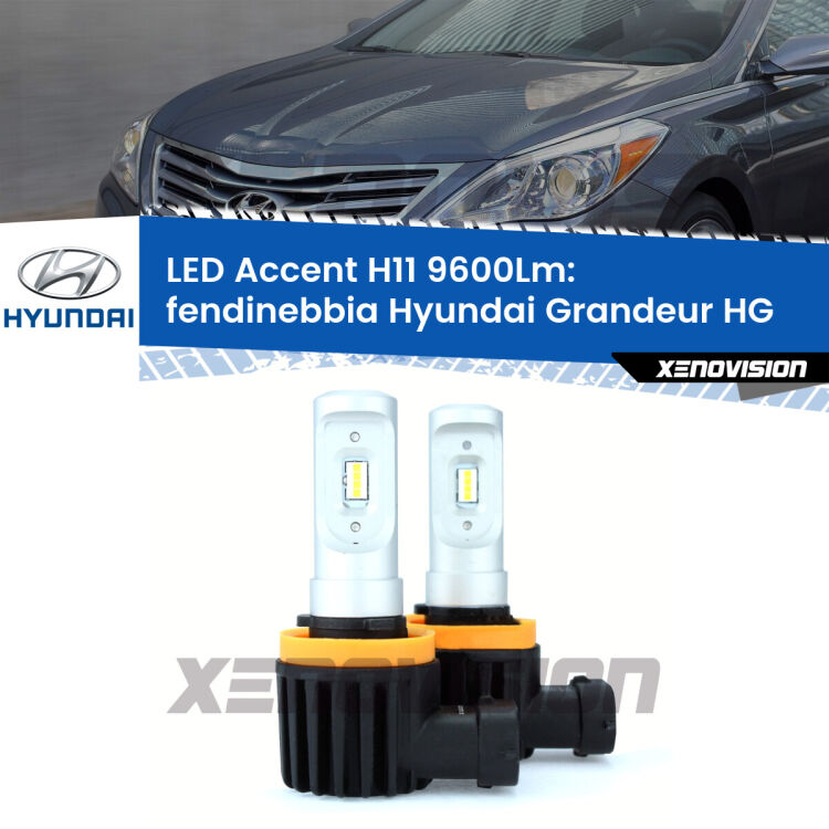<strong>Kit LED Fendinebbia per Hyundai Grandeur</strong> HG 2011 - 2016.</strong> Coppia lampade <strong>H11</strong> senza ventola e ultracompatte per installazioni in fari senza spazi.