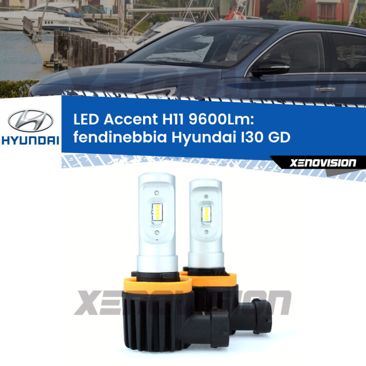 <strong>Kit LED Fendinebbia per Hyundai I30</strong> GD 2011 - 2017.</strong> Coppia lampade <strong>H11</strong> senza ventola e ultracompatte per installazioni in fari senza spazi.