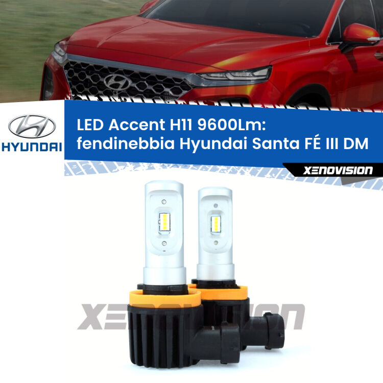 <strong>Kit LED Fendinebbia per Hyundai Santa FÉ III</strong> DM 2012 - 2015.</strong> Coppia lampade <strong>H11</strong> senza ventola e ultracompatte per installazioni in fari senza spazi.