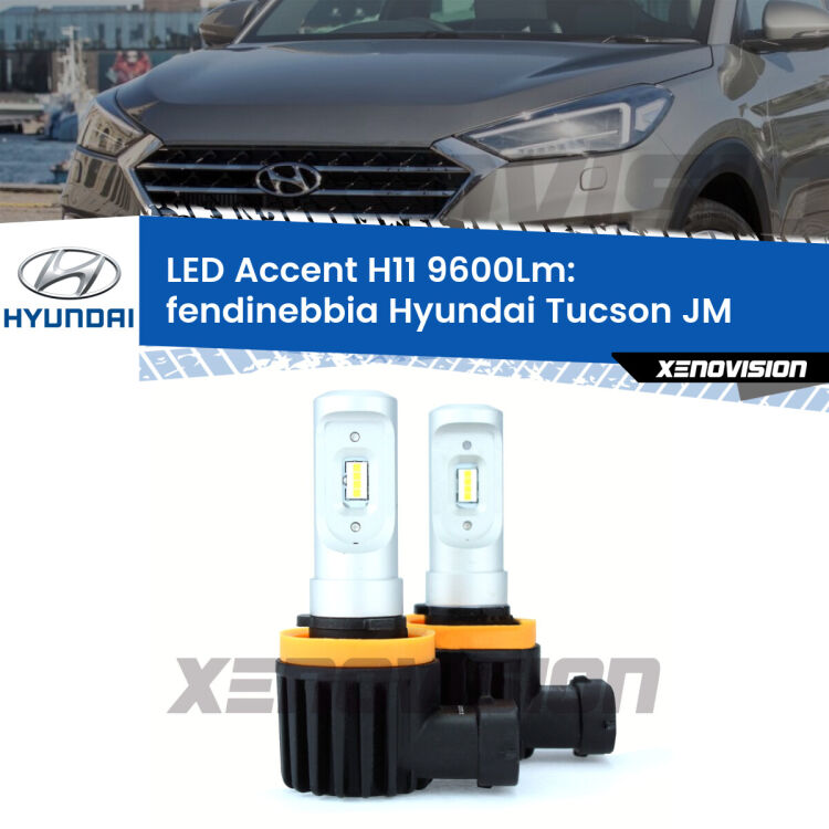 <strong>Kit LED Fendinebbia per Hyundai Tucson</strong> JM 2013 - 2015.</strong> Coppia lampade <strong>H11</strong> senza ventola e ultracompatte per installazioni in fari senza spazi.