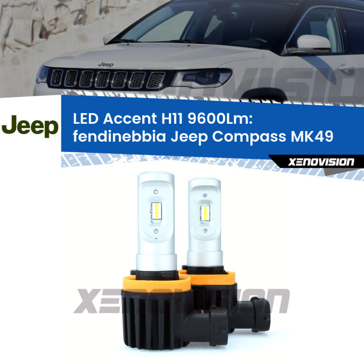 <strong>Kit LED Fendinebbia per Jeep Compass</strong> MK49 2011 - 2016.</strong> Coppia lampade <strong>H11</strong> senza ventola e ultracompatte per installazioni in fari senza spazi.