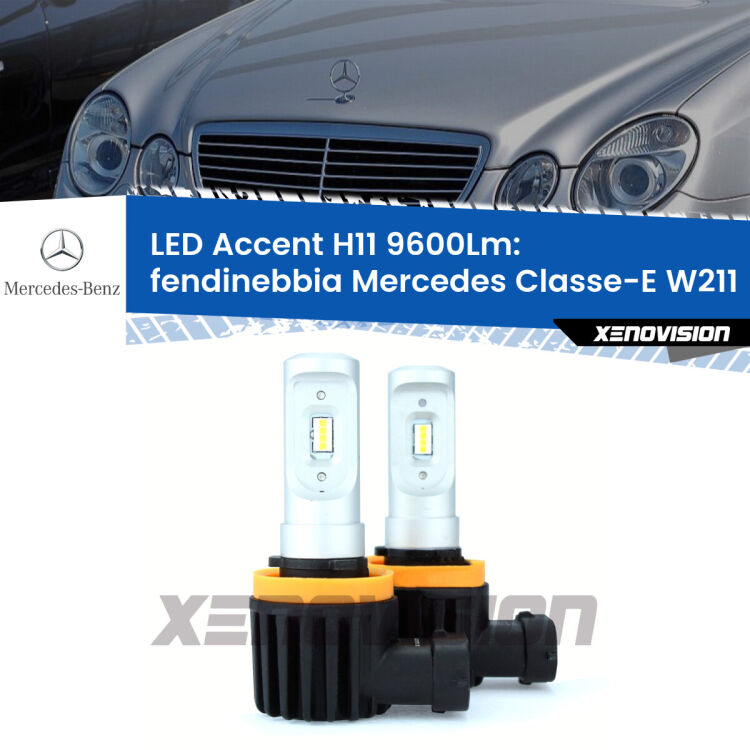 <strong>Kit LED Fendinebbia per Mercedes Classe-E</strong> W211 2002 - 2009.</strong> Coppia lampade <strong>H11</strong> senza ventola e ultracompatte per installazioni in fari senza spazi.