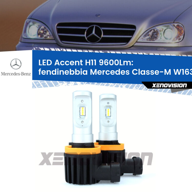 <strong>Kit LED Fendinebbia per Mercedes Classe-M</strong> W163 2000 - 2005.</strong> Coppia lampade <strong>H11</strong> senza ventola e ultracompatte per installazioni in fari senza spazi.