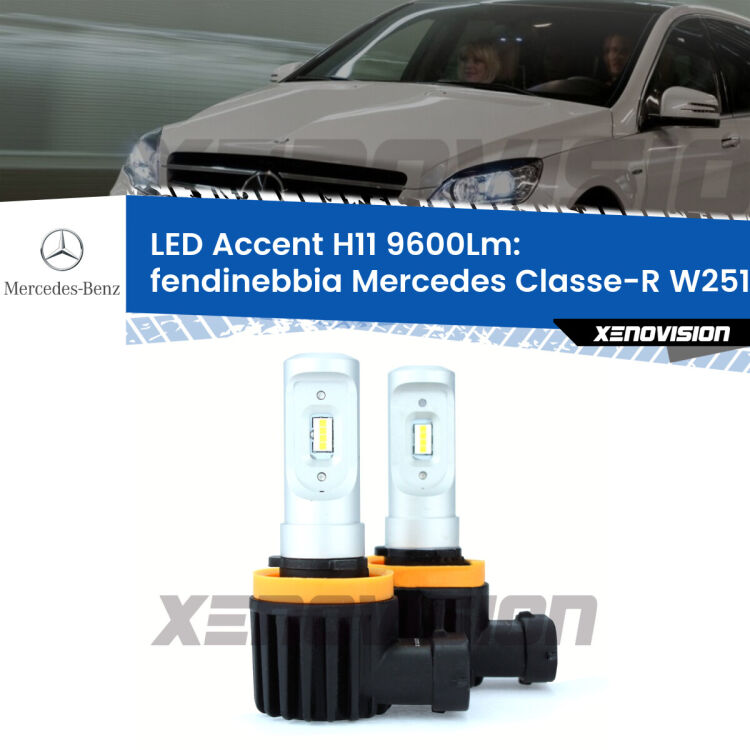 <strong>Kit LED Fendinebbia per Mercedes Classe-R</strong> W251, V251 2006 - 2014.</strong> Coppia lampade <strong>H11</strong> senza ventola e ultracompatte per installazioni in fari senza spazi.