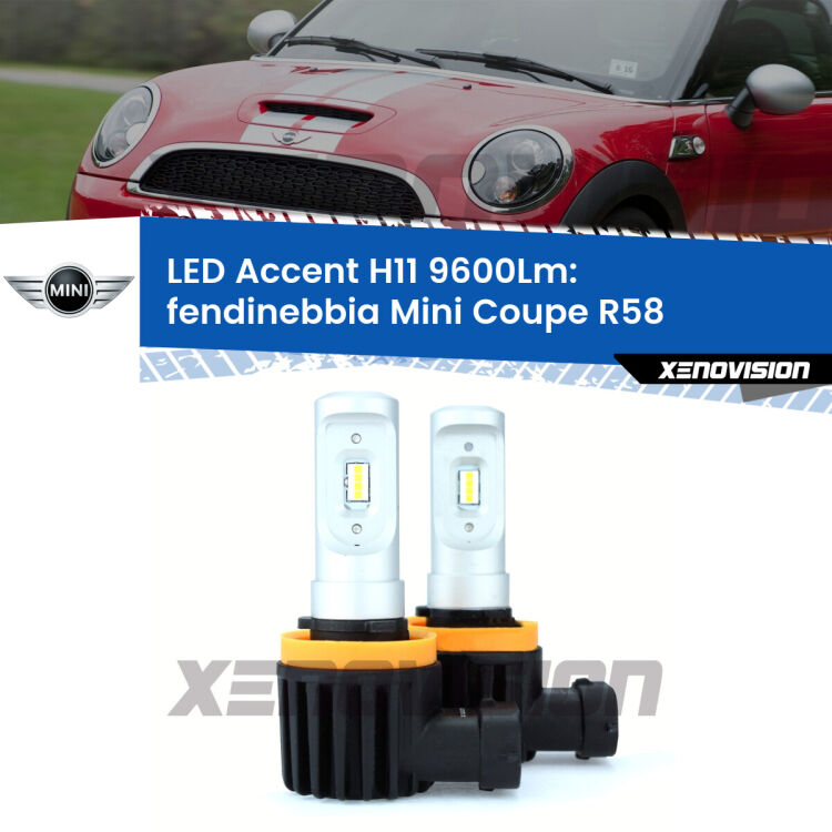 <strong>Kit LED Fendinebbia per Mini Coupe</strong> R58 2011 - 2015.</strong> Coppia lampade <strong>H11</strong> senza ventola e ultracompatte per installazioni in fari senza spazi.