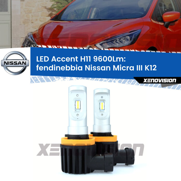 <strong>Kit LED Fendinebbia per Nissan Micra III</strong> K12 2002 - 2010.</strong> Coppia lampade <strong>H11</strong> senza ventola e ultracompatte per installazioni in fari senza spazi.