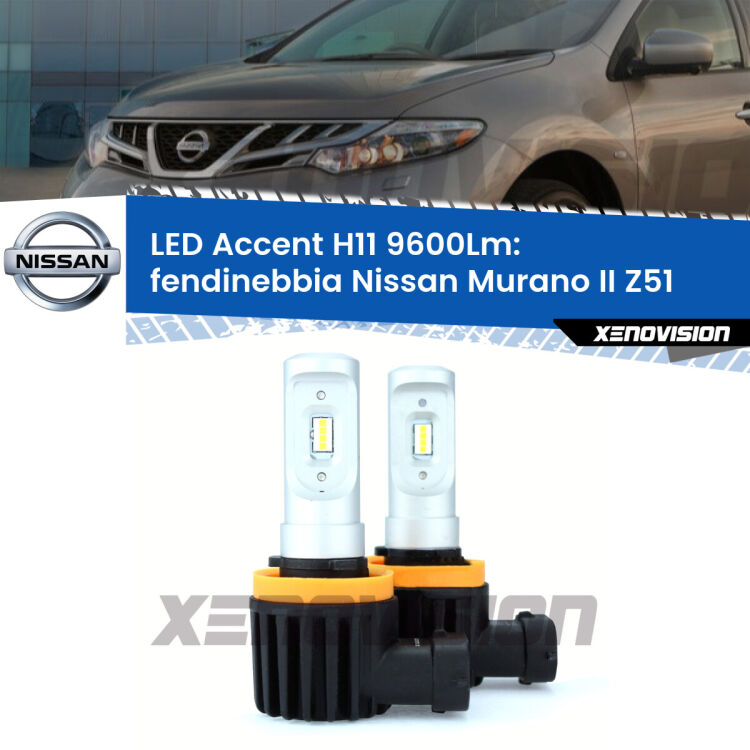<strong>Kit LED Fendinebbia per Nissan Murano II</strong> Z51 2007 - 2014.</strong> Coppia lampade <strong>H11</strong> senza ventola e ultracompatte per installazioni in fari senza spazi.
