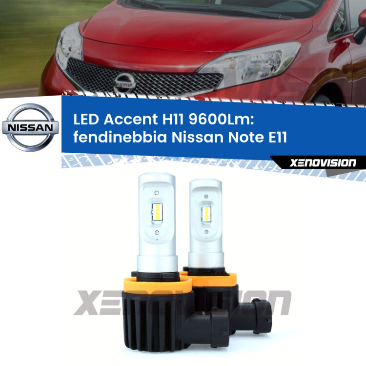 <strong>Kit LED Fendinebbia per Nissan Note</strong> E11 2006 - 2013.</strong> Coppia lampade <strong>H11</strong> senza ventola e ultracompatte per installazioni in fari senza spazi.