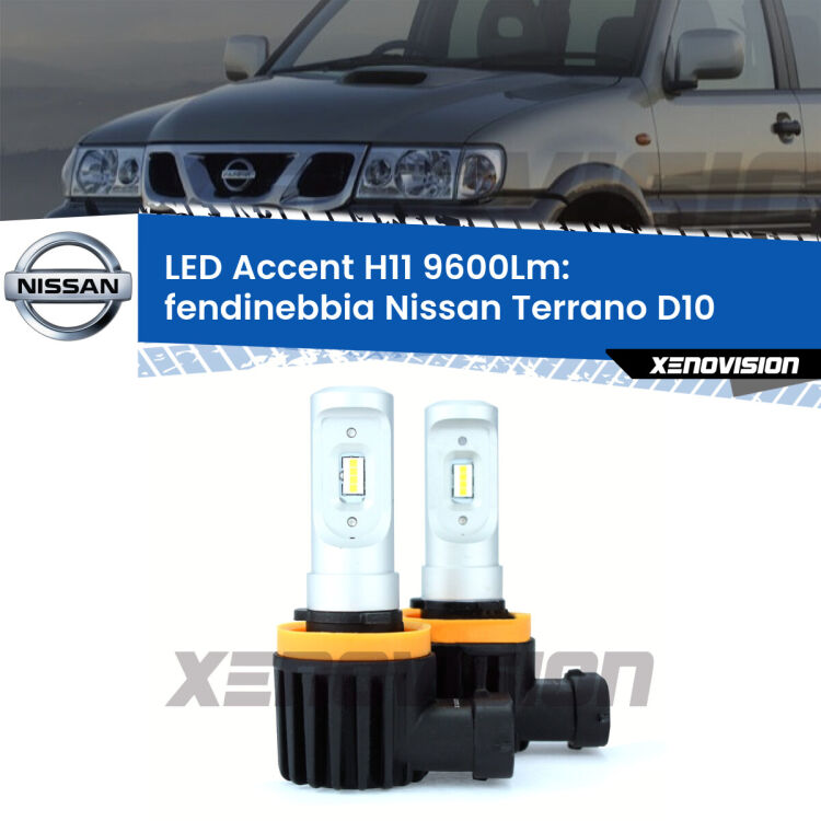 <strong>Kit LED Fendinebbia per Nissan Terrano</strong> D10 2013 in poi.</strong> Coppia lampade <strong>H11</strong> senza ventola e ultracompatte per installazioni in fari senza spazi.
