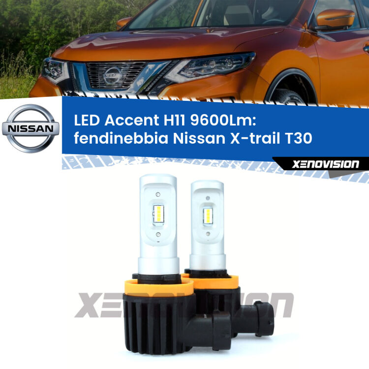 <strong>Kit LED Fendinebbia per Nissan X-trail</strong> T30 2003 - 2007.</strong> Coppia lampade <strong>H11</strong> senza ventola e ultracompatte per installazioni in fari senza spazi.