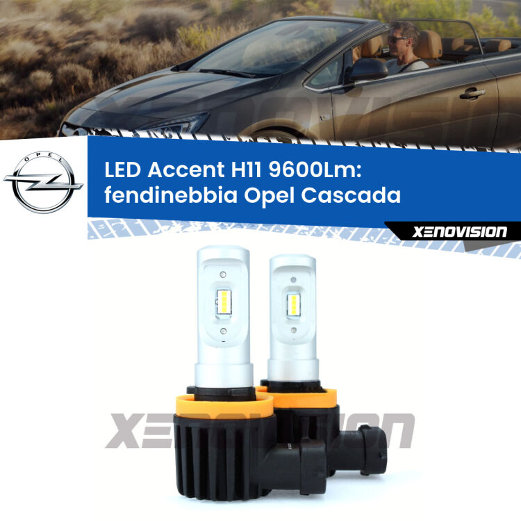 <strong>Kit LED Fendinebbia per Opel Cascada</strong>  2013 - 2019.</strong> Coppia lampade <strong>H11</strong> senza ventola e ultracompatte per installazioni in fari senza spazi.