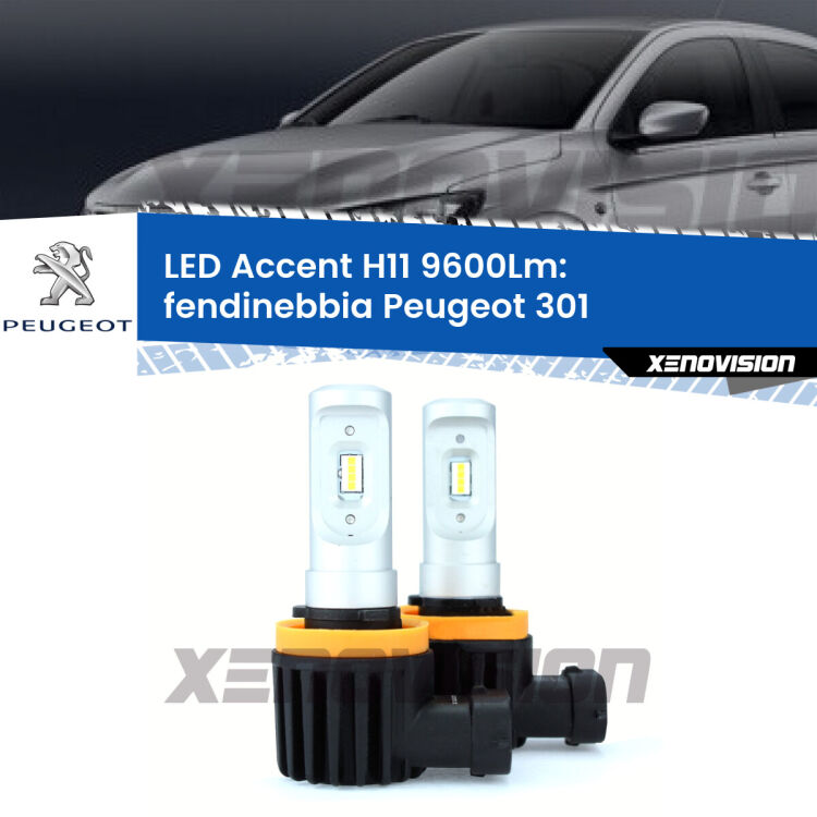 <strong>Kit LED Fendinebbia per Peugeot 301</strong>  2012 - 2017.</strong> Coppia lampade <strong>H11</strong> senza ventola e ultracompatte per installazioni in fari senza spazi.