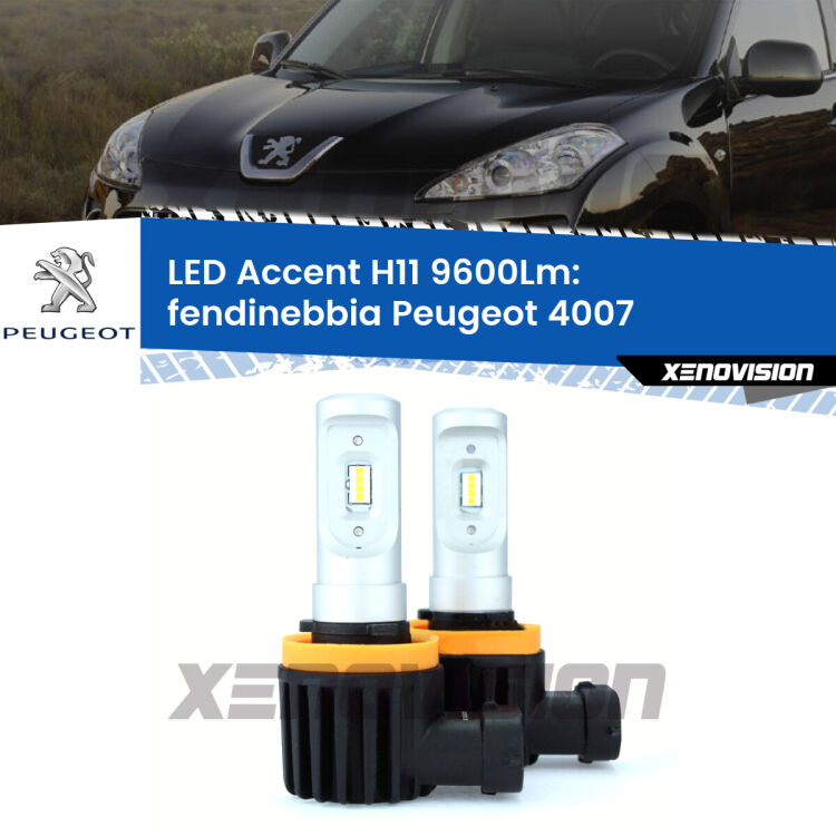 <strong>Kit LED Fendinebbia per Peugeot 4007</strong>  2007 - 2012.</strong> Coppia lampade <strong>H11</strong> senza ventola e ultracompatte per installazioni in fari senza spazi.