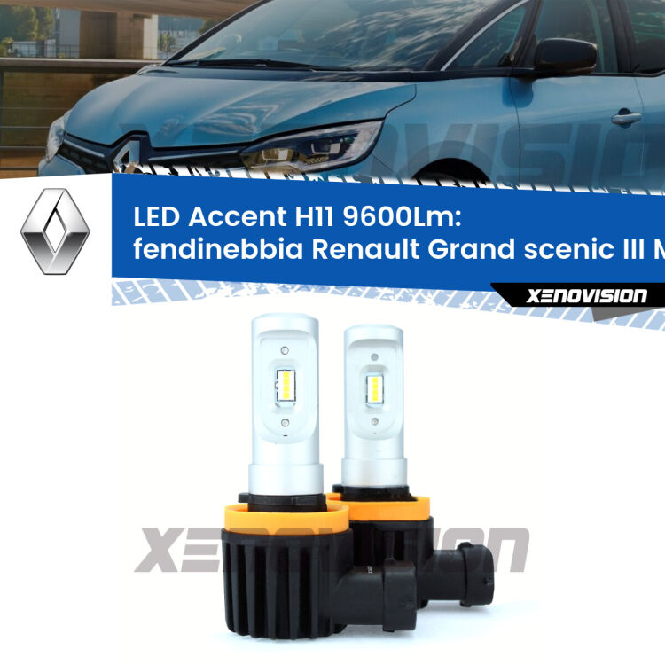 <strong>Kit LED Fendinebbia per Renault Grand scenic III</strong> Mk3 2009 - 2015.</strong> Coppia lampade <strong>H11</strong> senza ventola e ultracompatte per installazioni in fari senza spazi.