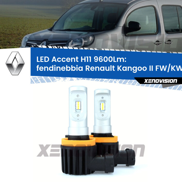 <strong>Kit LED Fendinebbia per Renault Kangoo II</strong> FW/KW 2008 - 2012.</strong> Coppia lampade <strong>H11</strong> senza ventola e ultracompatte per installazioni in fari senza spazi.