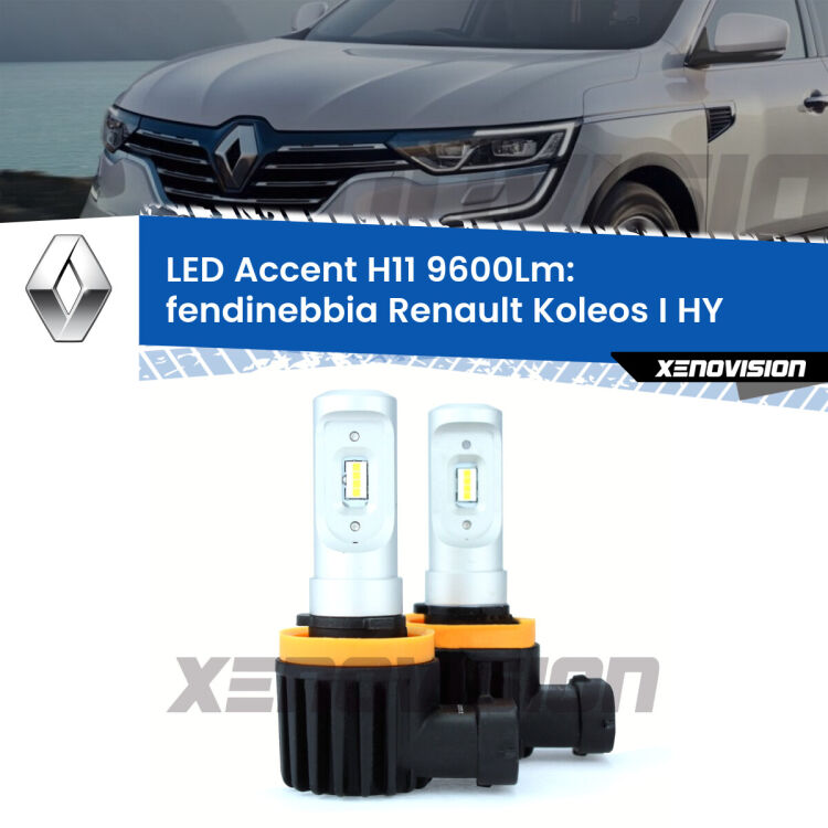 <strong>Kit LED Fendinebbia per Renault Koleos I</strong> HY 2006 - 2015.</strong> Coppia lampade <strong>H11</strong> senza ventola e ultracompatte per installazioni in fari senza spazi.
