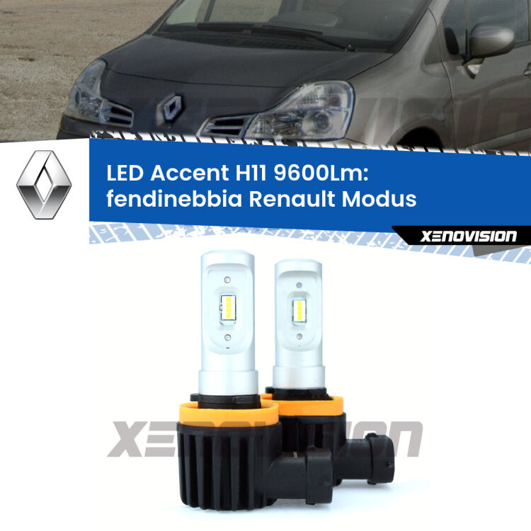 <strong>Kit LED Fendinebbia per Renault Modus</strong>  2004 - 2012.</strong> Coppia lampade <strong>H11</strong> senza ventola e ultracompatte per installazioni in fari senza spazi.