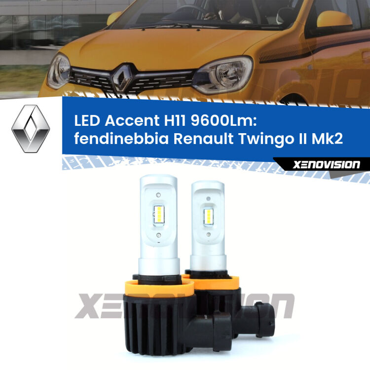 <strong>Kit LED Fendinebbia per Renault Twingo II</strong> Mk2 2007 - 2013.</strong> Coppia lampade <strong>H11</strong> senza ventola e ultracompatte per installazioni in fari senza spazi.