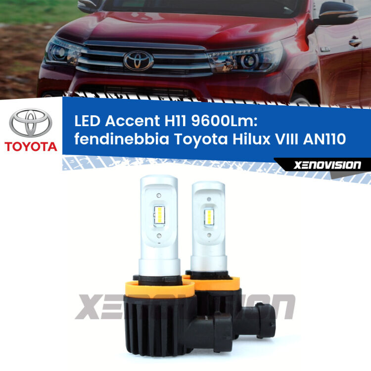 <strong>Kit LED Fendinebbia per Toyota Hilux VIII</strong> AN110 2015 in poi.</strong> Coppia lampade <strong>H11</strong> senza ventola e ultracompatte per installazioni in fari senza spazi.