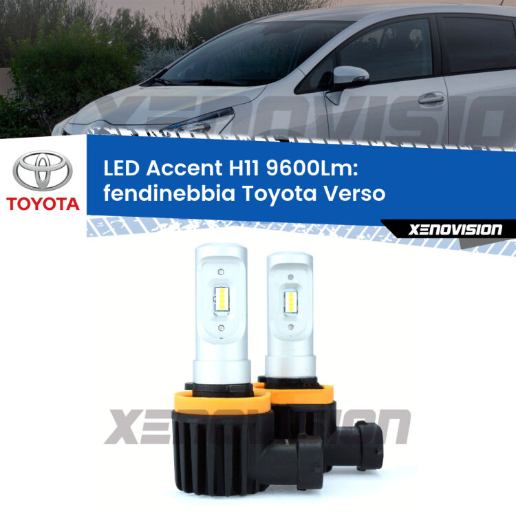<strong>Kit LED Fendinebbia per Toyota Verso</strong>  2009 - 2012.</strong> Coppia lampade <strong>H11</strong> senza ventola e ultracompatte per installazioni in fari senza spazi.